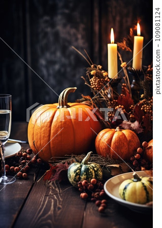 Thanksgiving table setting with pumpkin Thanksgiving table setting with pumpkin 109081124