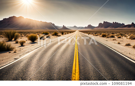 Sunny desert landscape with an asphalt road 109081194