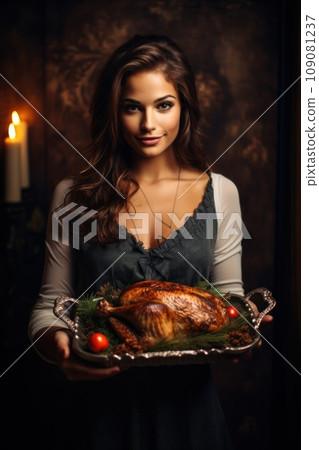 Woman holds a plate with baked turkey Woman holds a plate with baked turkey 109081237