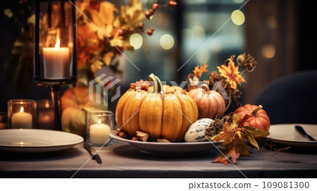 Thanksgiving table setting with pumpkin 109081300