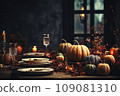 Thanksgiving table setting with pumpkin 109081310