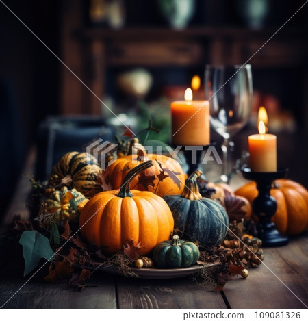 Thanksgiving table setting with pumpkin 109081326