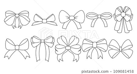 Elegant Doodle Ribbon Bows in Simple Black and White Hand Drawn Flat Style. Perfect for Delicate Decorations. Big Set of Bowties for Various Occasions 109081458