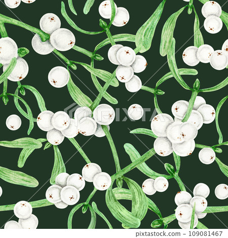 Seamless pattern of Mistletoe evergreen branches, leaves and white berries. Christmas symbol. Watercolor hand drawn botanical background for packing, textile, paper, winter prints, invitations, design 109081467