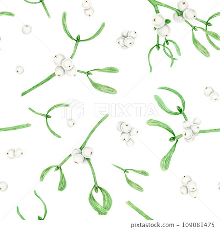 Seamless pattern of Mistletoe evergreen branches, leaves and white berries. Christmas symbol. Watercolor hand drawn botanical background for packing, textile, paper, winter prints, invitations, design 109081475