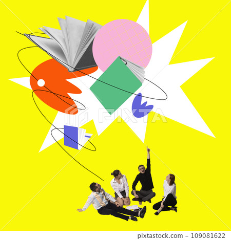 Group of of young people, employees, colleagues sitting on floor and learning new information with books. Contemporary art collage. Group of of young people, employees, colleagues sitting on floor and learning new information with books. Contemporary art collage. 109081622