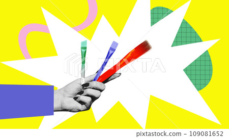 Female hand holding different brushes for painting. Artist. Studying new techniques, drawing activity. Contemporary art collage. Female hand holding different brushes for painting. Artist. Studying new techniques, drawing activity. Contemporary art collage. 109081652