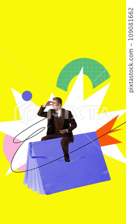 Young man in a suit riding on book, looking for opportunities and innovation. Studying for skill growth. Contemporary art collage. Young man in a suit riding on book, looking for opportunities and innovation. Studying for skill growth. Contemporary art collage. 109081662