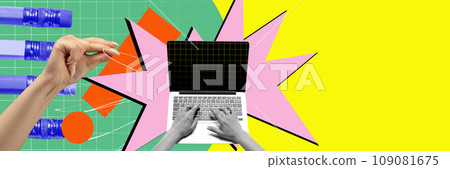 Human hands on keyboard. Student working with laptop, online education, study courses. Contemporary art collage. 109081675