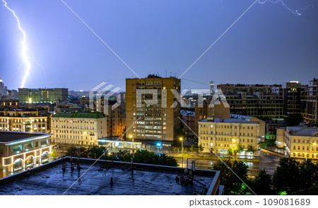 Lightning in the night sky during a thunderstorm in the center of the Russian capital. 109081689
