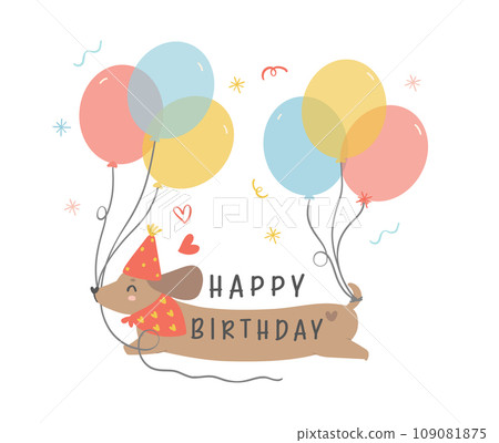 Cute Birthday Dachshund Dog Wearing Party Hat and Holding Balloons. Kawaii cartoon hand drawing flat design graphic illustration. Cute Birthday Dachshund Dog Wearing Party Hat and Holding Balloons. Kawaii cartoon hand drawing flat design graphic illustration. 109081875