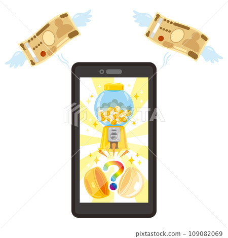 Smartphone gacha screen and flying bills 109082069