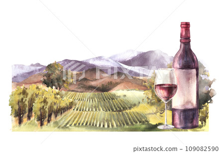 Watercolor wine label Bottle and glass of wine in front of vineyards rural landscape with grape fields, trees, hills and mountains Winemaking farm. Hand draw illustration isolated on white background  109082590