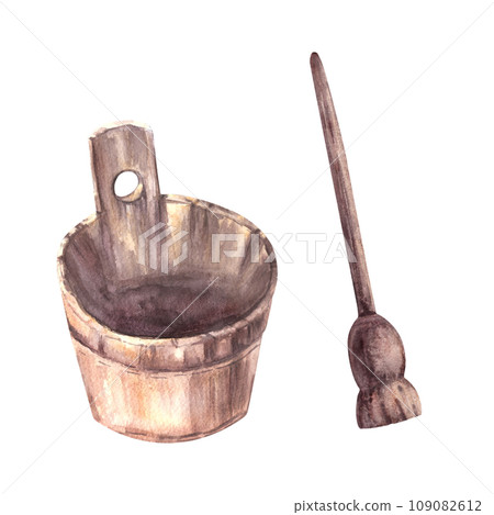 Watercolor old wooden bucket, basket for the grape harvest with crasher. Hand painted isolated illustration on a white background. Harvesting for winemaking, winery For label, sticker, wine list, menu Watercolor old wooden bucket, basket for the grape harvest with crasher. Hand painted isolated illustration on a white background. Harvesting for winemaking, winery For label, sticker, wine list, menu 109082612