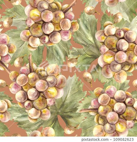 Watercolor seamless pattern. Bunch of green yellow grapes, leaves and grape berry. Grapevine hand painted. Wrapping paper, labels, fabric print. Botanical illustration isolated on coloured background Watercolor seamless pattern. Bunch of green yellow grapes, leaves and grape berry. Grapevine hand painted. Wrapping paper, labels, fabric print. Botanical illustration isolated on coloured background 109082623