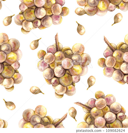 Watercolor seamless pattern. Bunch of green yellow grapes, leaves and grape berry. Grapevine hand painted. Wrapping paper, labels, fabric print. Botanical illustration isolated on white background.  109082624
