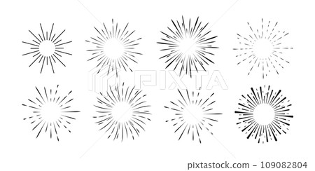 Set Fireworks, rays, sunburst frames circle border decoration, sparkle in doodle style, line sketch explosion isolated on white background. 109082804