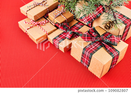 Boxing Day Concept. Different kinds of gift boxes on red background 109082807