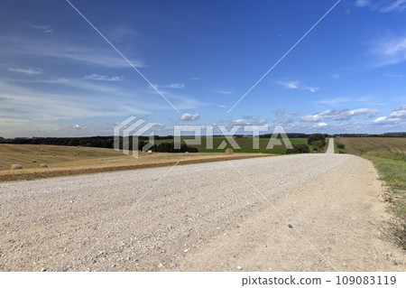 a road through a field with poor infrastructure a road through a field with poor infrastructure 109083119