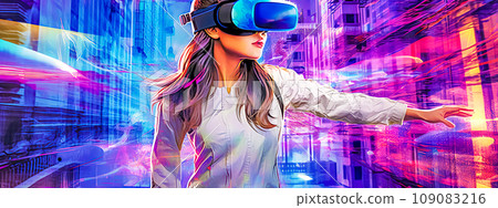 young woman using virtual reality glasses, banner 109083216
