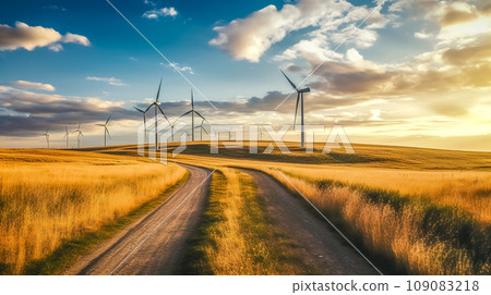 wind turbines in a field at sunset produce renewable ecological electricity 109083218