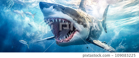 shark hunting fish in sea waters, blue banner 109083225