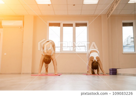 Two beautiful women do yoga, sports in the gym. The concept of grace and beauty of the body. Two beautiful women do yoga, sports in the gym. The concept of grace and beauty of the body. 109083226