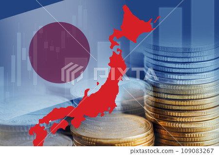 Japan flag and map with stock market finance, economy trend graph digital technology. Japan flag and map with stock market finance, economy trend graph digital technology. 109083267