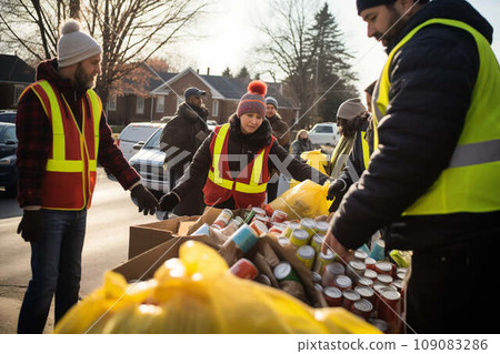 Food drive concept - volunteers accept food donations at food drive 109083286