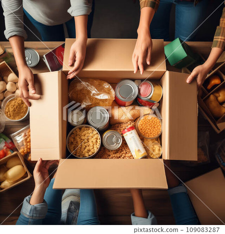 Food drive concept - diverse group of volunteers distributes food among less fortunate Food drive concept - diverse group of volunteers distributes food among less fortunate 109083287