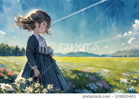 girl looking at contrails 109083403