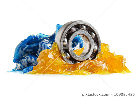 Grease and ball bearing  isolated on white background with clipping path, lithium machinery lubrication for automotive and industrial. 109083486