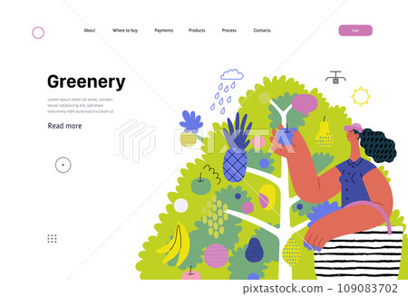 Greenery, ecology -modern flat vector concept illustration of a woman gathering fruit from the 40 fruit tree. Metaphor of environmental sustainability and protection, closeness to nature Greenery, ecology -modern flat vector concept illustration of a woman gathering fruit from the 40 fruit tree. Metaphor of environmental sustainability and protection, closeness to nature 109083702