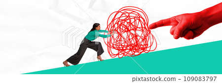 Banner. Contemporary art collage. Hand holds back lump that young confident woman rolls up against crumpled paper background. Banner. Contemporary art collage. Hand holds back lump that young confident woman rolls up against crumpled paper background. 109083797