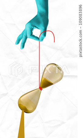 Poster. Contemporary art collage. One blue hand holding clock, hourglass against crumpled paper background. Poster. Contemporary art collage. One blue hand holding clock, hourglass against crumpled paper background. 109083896