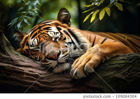 Image of tiger sleeping lying in the forest. Mammals. Wildlife Animals. Image of tiger sleeping lying in the forest. Mammals. Wildlife Animals. 109084304