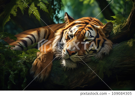 Image of tiger sleeping lying in the forest. Mammals. Wildlife Animals. 109084305
