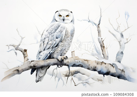 Image of snowy owl perched on a tree branch. Birds. Wildlife Animals. 109084308