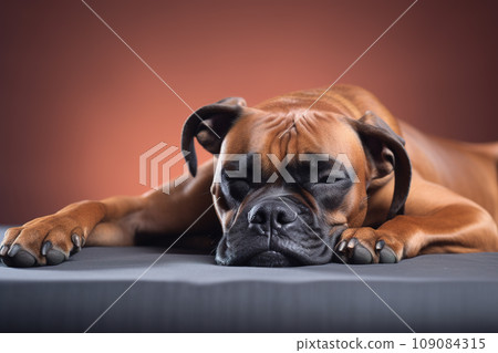Image of cute boxer dog lying on sleeping cushion. Pet. Animals. 109084315