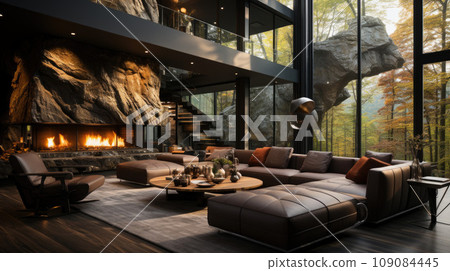 Modern interior design of a living room in an apartment, house, office, bright modern interior details and sun rays from the window against the background of concrete walls. Modern interior design of a living room in an apartment, house, office, bright modern interior details and sun rays from the window against the background of concrete walls. 109084445