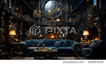 Beautiful interior of a library with spiral staircase and a chandelier 109084508