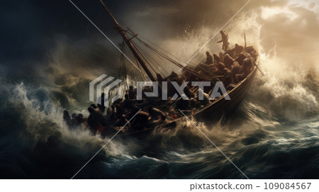 Migrants / refugees on boat through sea with cold water at night Migrants / refugees on boat through sea with cold water at night 109084567