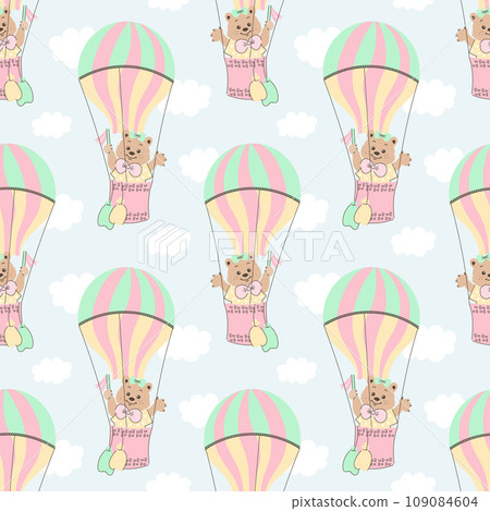 Seamless pattern, cute cartoon bears flying in a hot air balloon in the sky with clouds. Baby background, print, textile, vector Seamless pattern, cute cartoon bears flying in a hot air balloon in the sky with clouds. Baby background, print, textile, vector 109084604