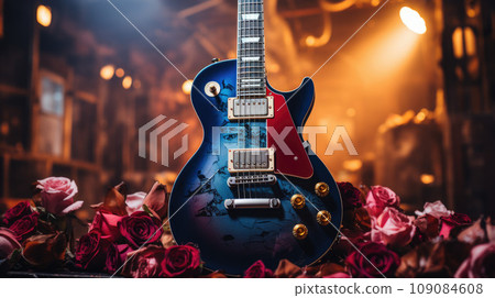 Close up of electric guitar on a stage during rock concert Close up of electric guitar on a stage during rock concert 109084608