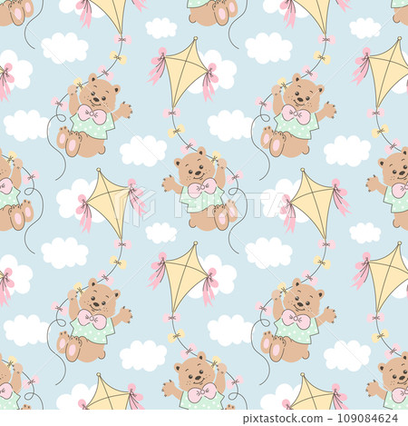 Seamless pattern, cute cartoon bears fly on a kite in the sky with clouds. Baby background, print, textile, vector 109084624
