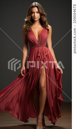 Fashion Model in luxury long Dress. Elegant Woman with Curly Long Hair Hairstyle in Evening Gown with Slit showing Leg 109084678
