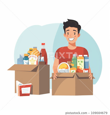 Food drive concept - teenage boy holds a box of donations in donation center Food drive concept - teenage boy holds a box of donations in donation center 109084679