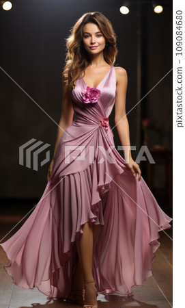Fashion Model in luxury long Dress. Elegant Woman with Curly Long Hair Hairstyle in Evening Gown with Slit showing Leg Fashion Model in luxury long Dress. Elegant Woman with Curly Long Hair Hairstyle in Evening Gown with Slit showing Leg 109084680