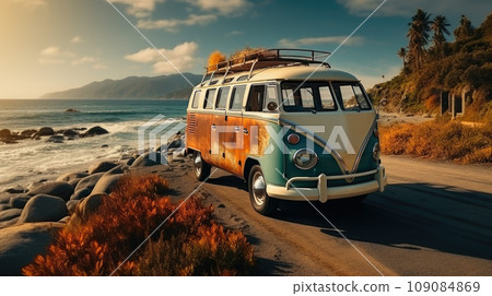Vintage camper van parking at the beach with suitcases on top during on vacation near a sea 109084869