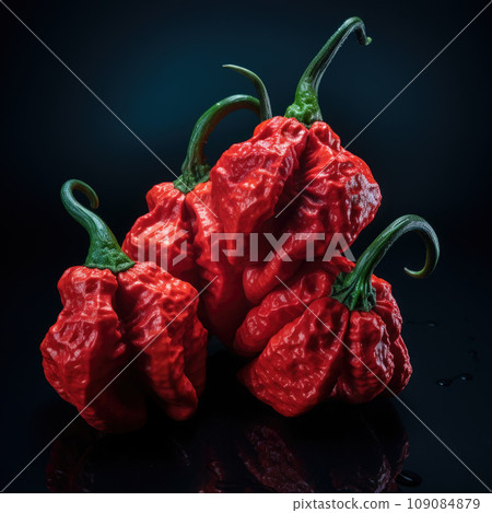Carolina Reaper, the hottest chile pepper Capsicum chinense, whole ripe pod, isolated on black background. Superhot or extremely hot chile pepper 109084879